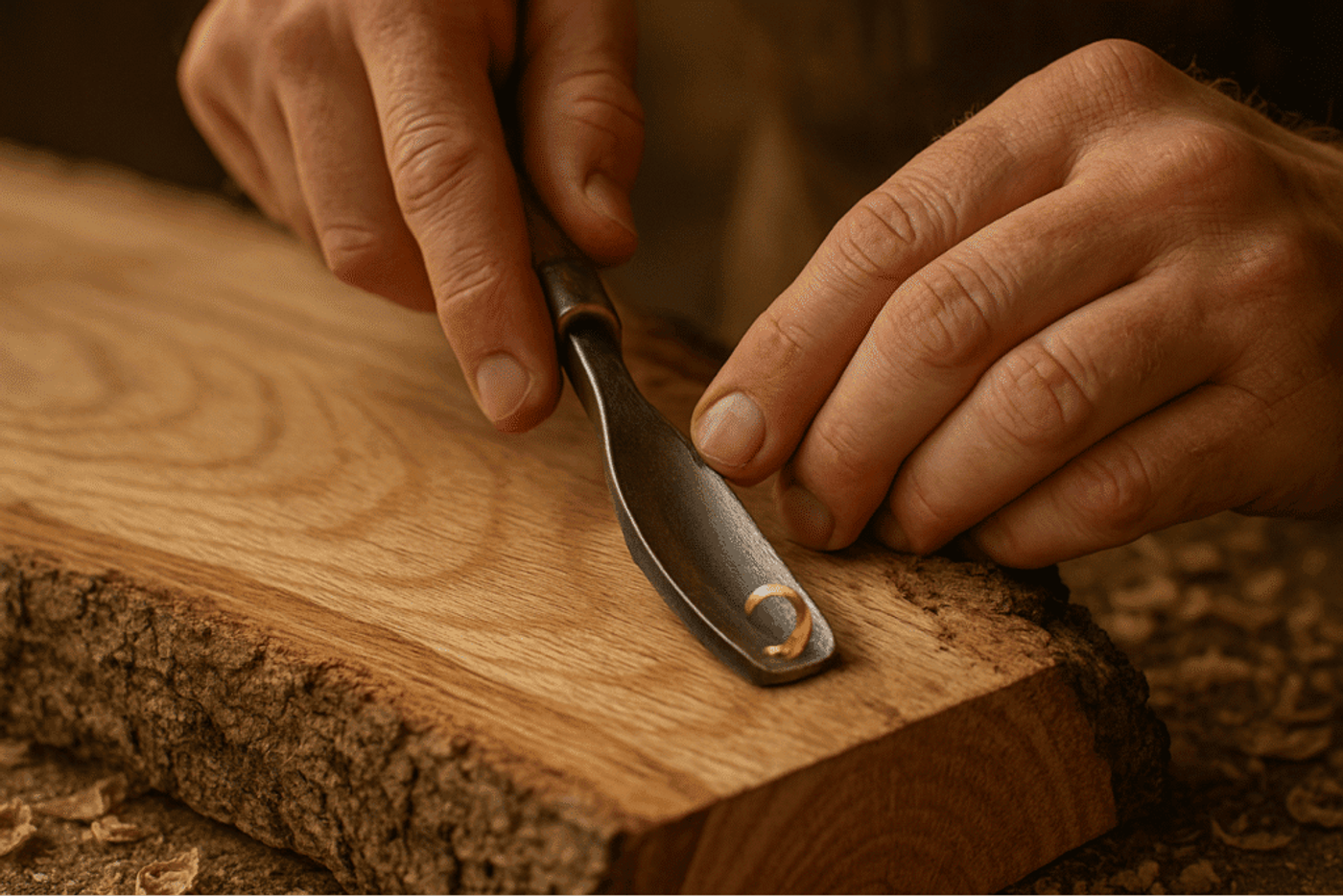 Close-up of hands carving a wood shaving with a chisel on a wooden plank.