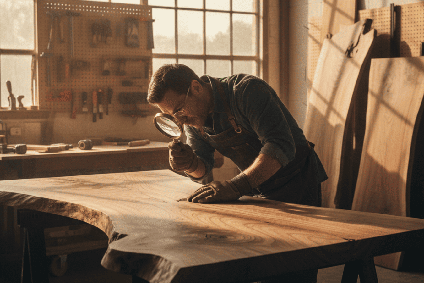 Crafting a smooth live-edge walnut table: woodworker inspects grain with magnifier in a sunlit woodshop, tools on pegboard.