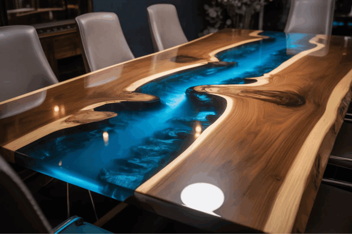 Wood and blue resin river table with glossy finish, surrounded by modern chairs in stylish dining or meeting space.