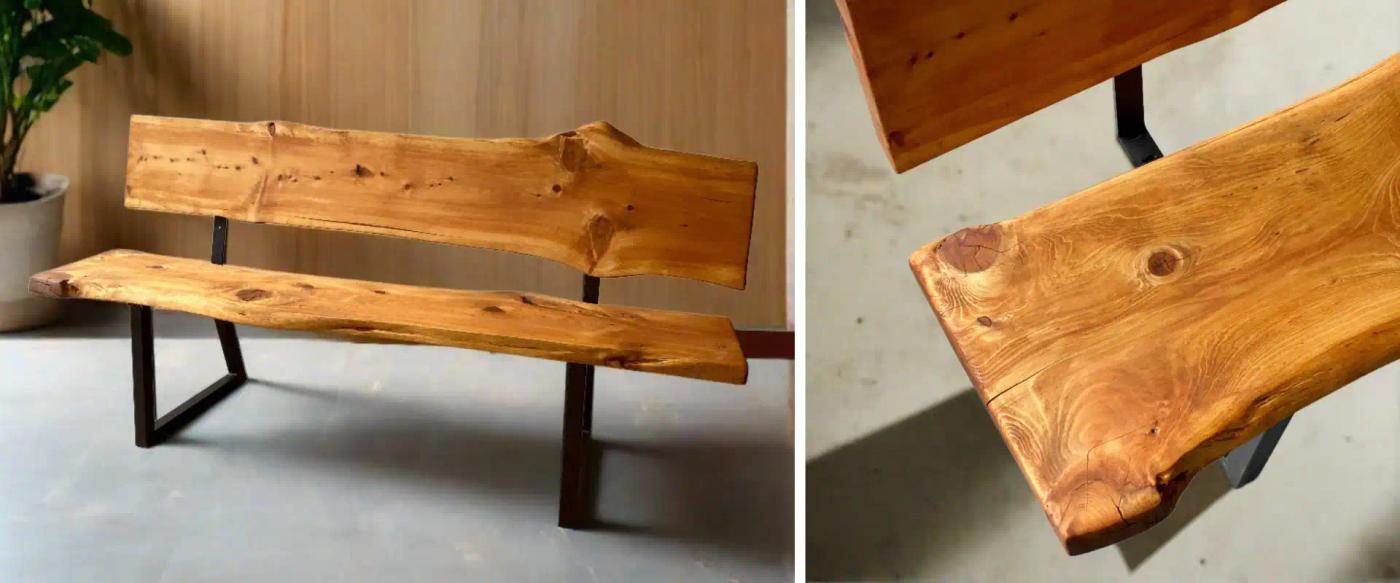 Wooden-bench-with-natural-edges-and-metal-legs-on-a-smooth-concrete-floor-shown-from-two-angles