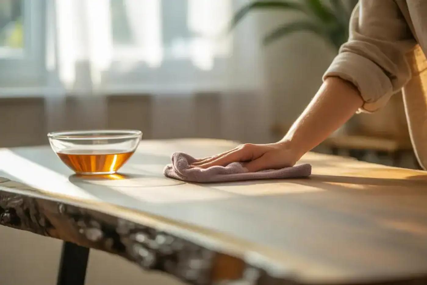 Person wiping wooden table with cloth next to a bowl of cleaning liquid.