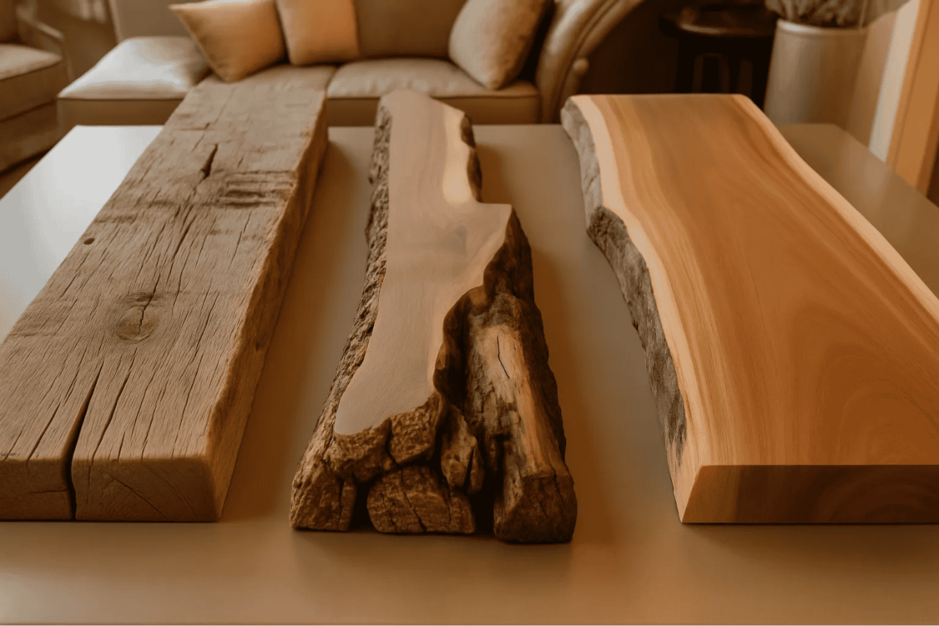 Three wooden planks with different textures and finishes placed side by side on a table indoors