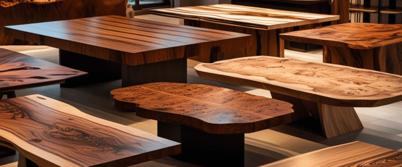Wooden tables with natural grain patterns and smooth finishes, showcasing craftsmanship and unique designs.