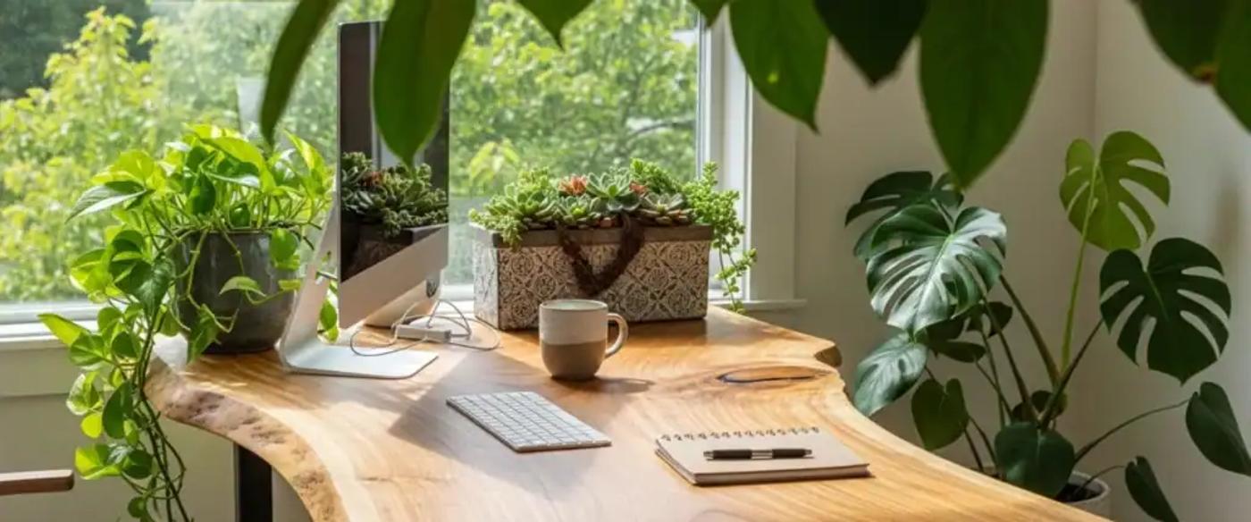 Bright-home-office-with-natural-wood-desk-computer-plants-notebook-and-coffee-mug-by-window-overlooking-green-trees
