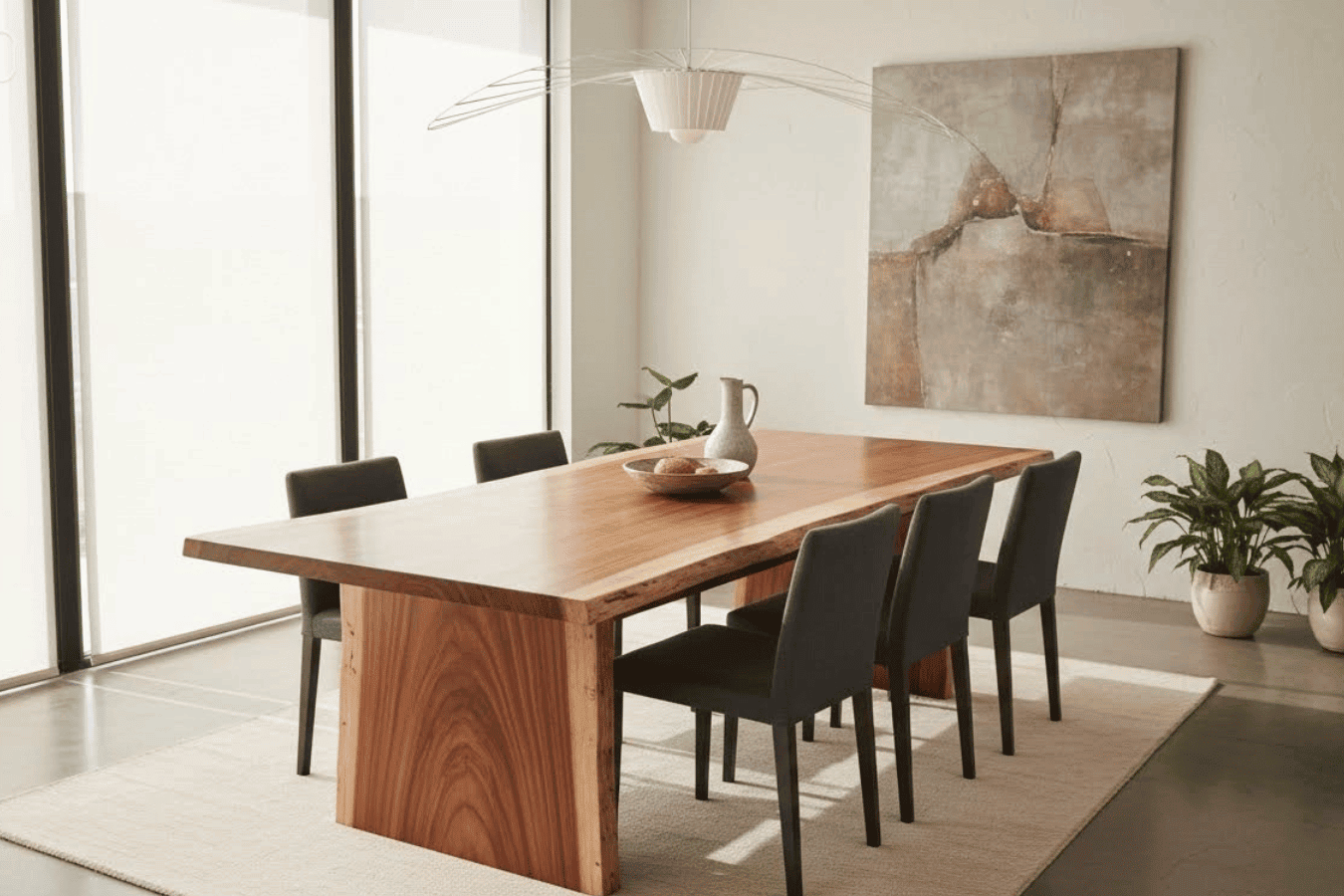 Modern wooden dining table with six dark chairs on a light rug, large windows, abstract wall art, and potted plants