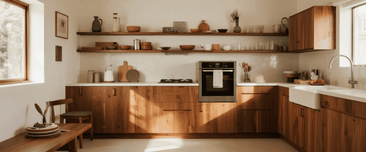 Sunlit modern kitchen with warm wooden cabinets, open shelves, farmhouse sink, oven, and simple decor creating a cozy, natural feel.