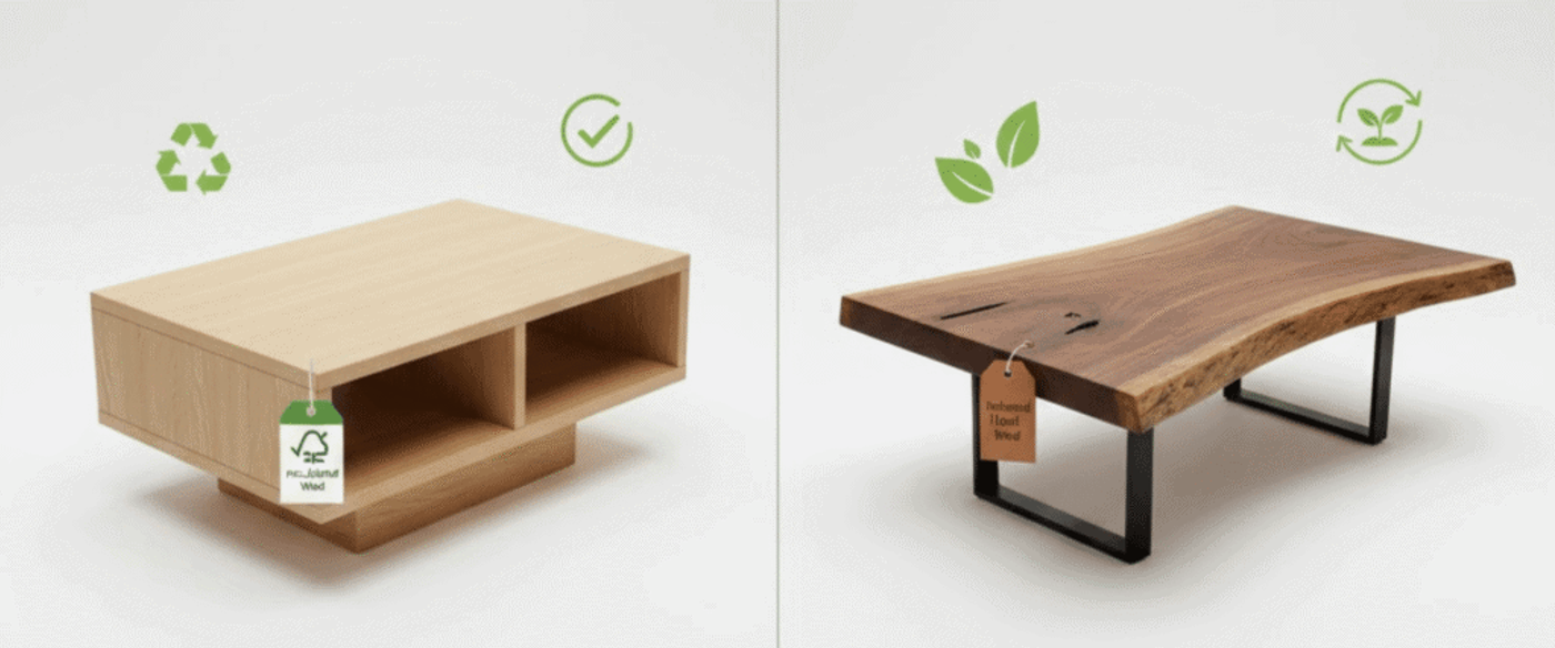 FSC-certified modular coffee table on left and live-edge reclaimed local wood coffee table