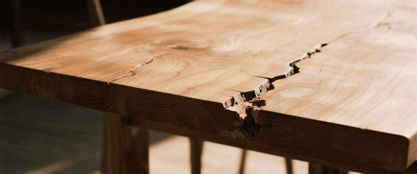 Natural live-edge wooden table with visible grain and a deep crack running from the center to the edge, warm sunlight.