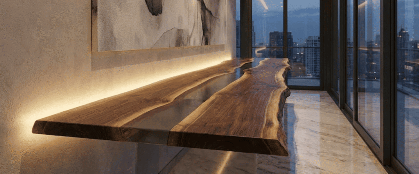 Live-edge walnut bar with resin inlay, backlit against textured wall and floor-to-ceiling windows overlooking a city skyline at dusk