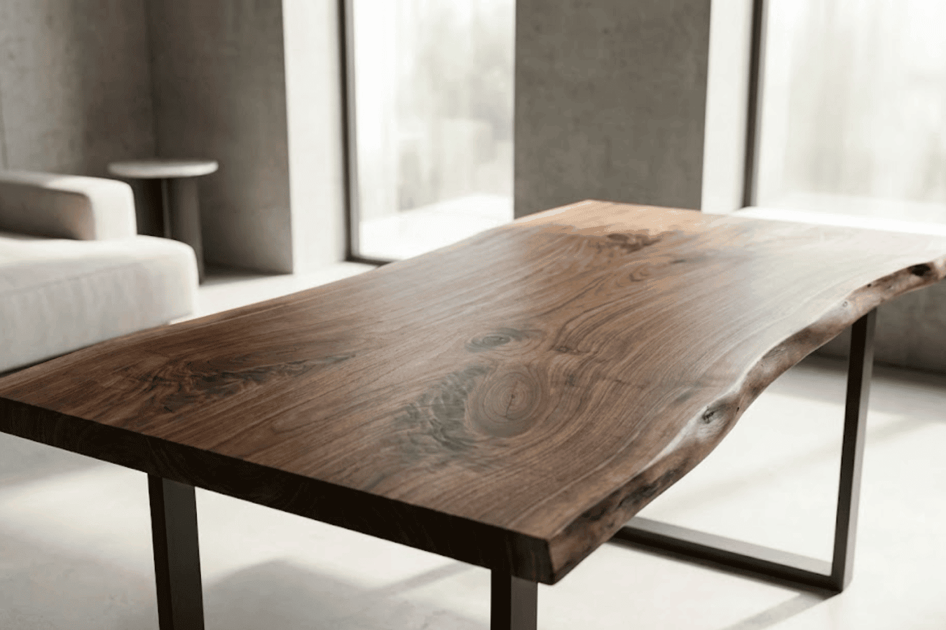 Live-edge walnut table with visible grain and knots on metal legs in a bright minimalist living room