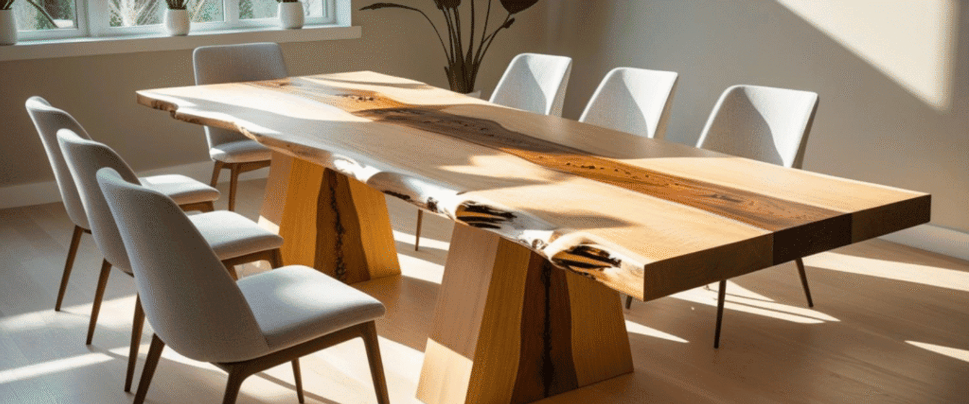 Modern dining table with live edge wood top surrounded by six upholstered chairs in a sunlit room.