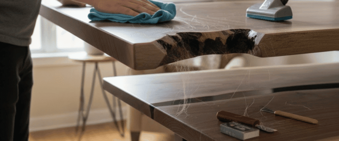 Two people sanding and cleaning a live-edge wood tabletop in a sunlit room, tools and a golden retriever waiting
