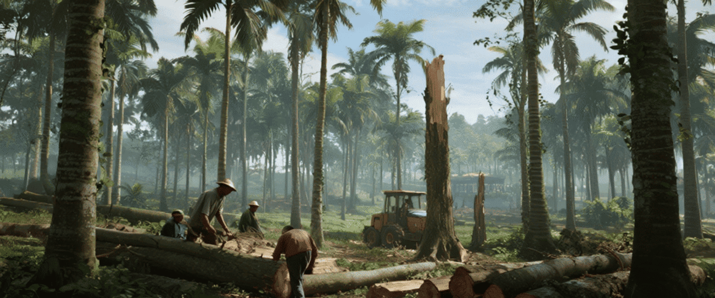 Workers cut fallen palm trunks amid a sunlit tropical plantation, with a tractor and standing stumps in misty background.