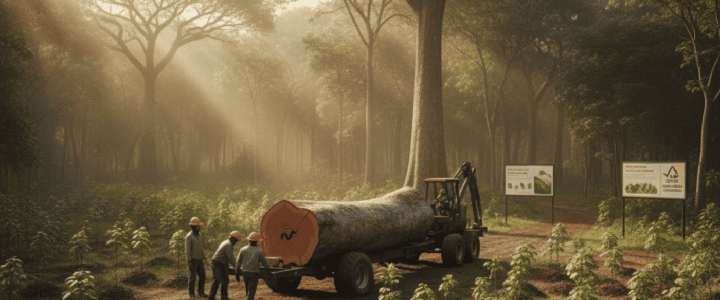 Newly planted saplings surround a giant felled log as workers load it onto a truck in a sunlit reforestation site