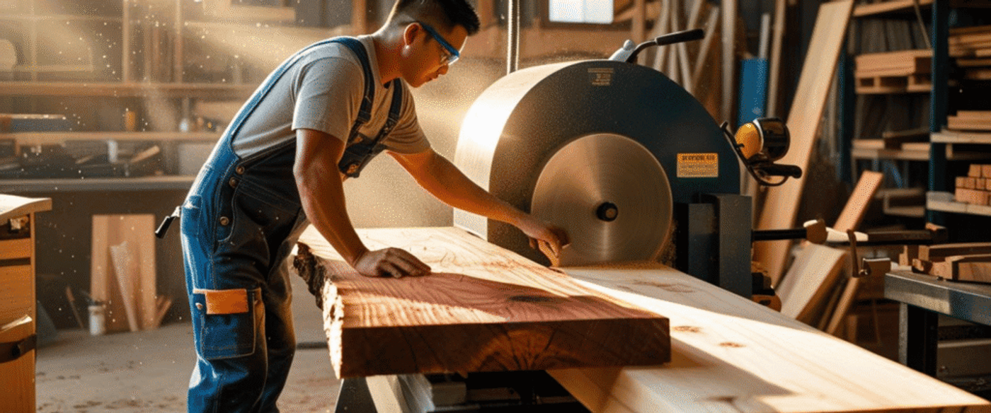 Man working with a circular saw to cut wooden planks in a workshop, wearing safety glasses and overalls.