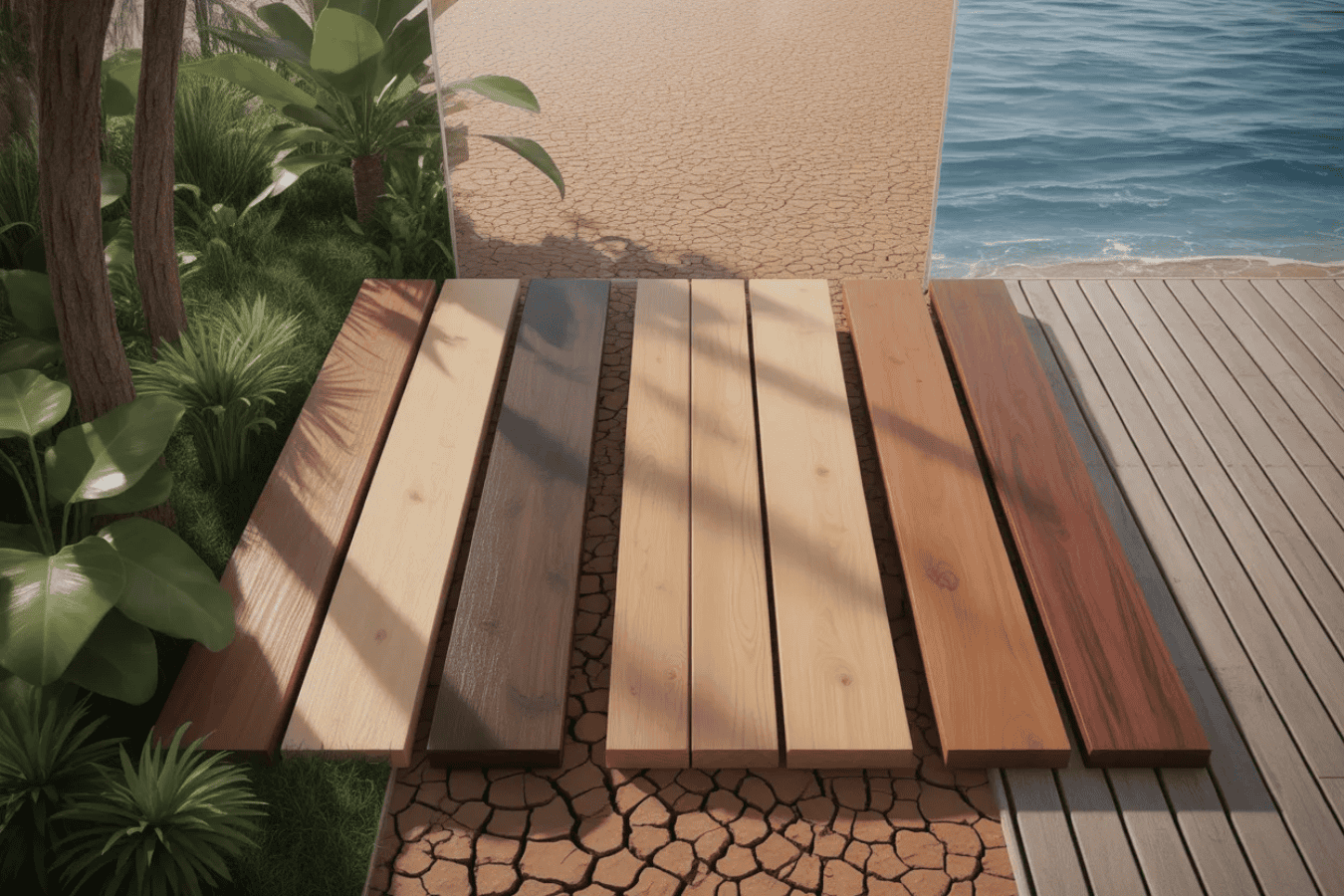 Wood planks displayed across three different environments: lush green forest on the left, dry cracked desert in the middle, and ocean shore with wooden deck on the right, showing wood's versatility and durability in various conditions.