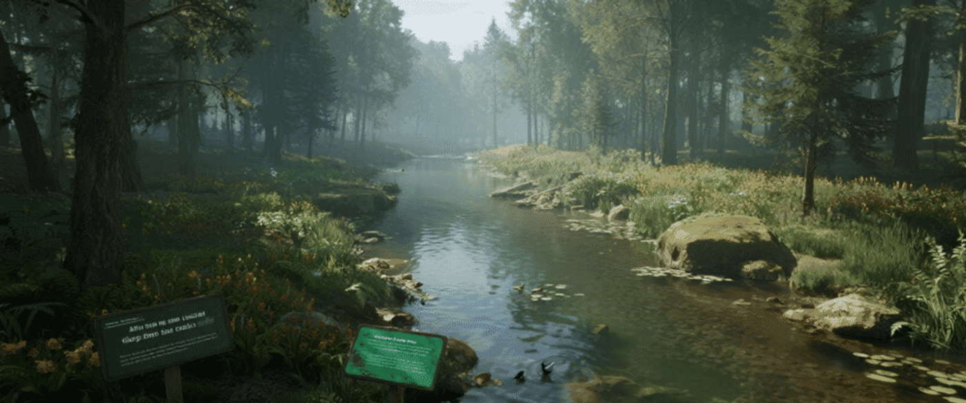 Tranquil forest stream with ducks, wildflowers, and informational signs along a shaded, mossy riverside path under tall trees, misty background.