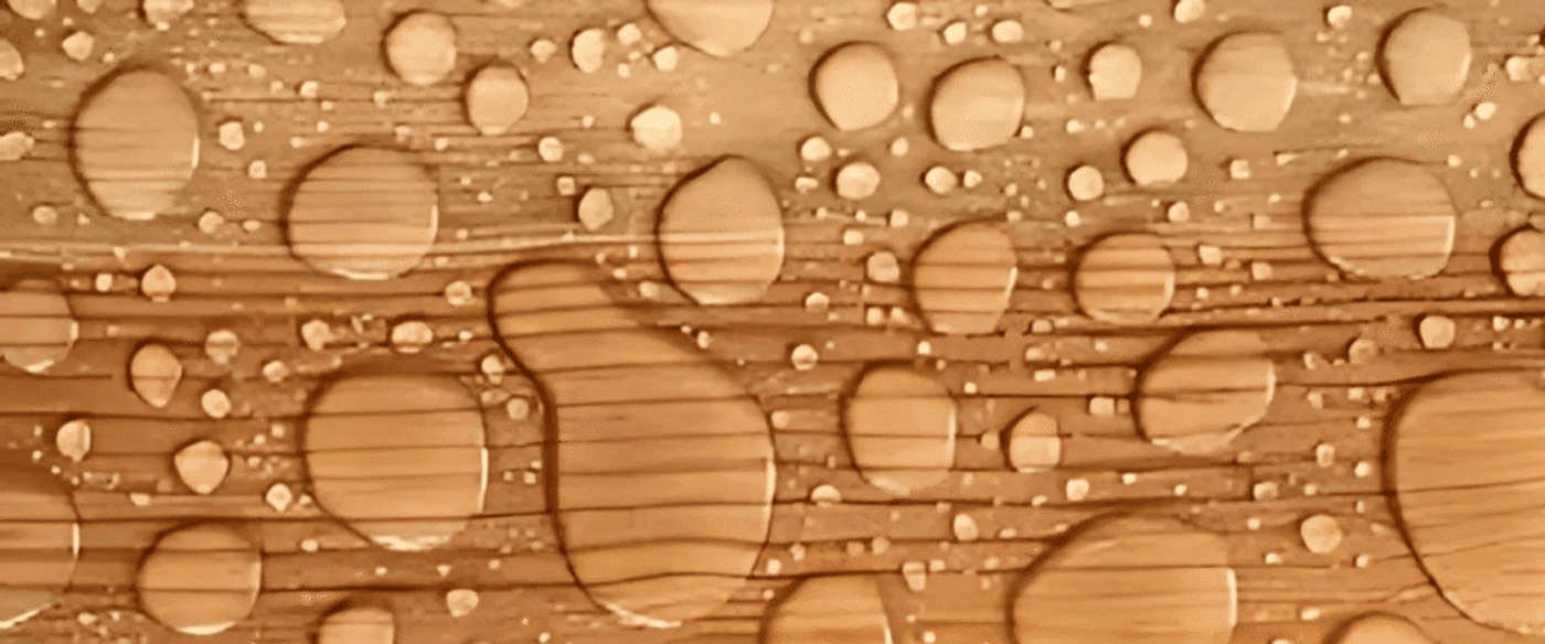 Water droplets beading on a wooden surface, showing texture and natural grain with varying droplet sizes.