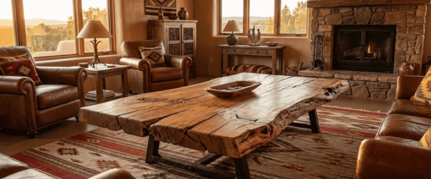 Cozy Southwestern living room with rustic slab-wood coffee table, leather armchairs, patterned rug, stone fireplace, and warm sunset light