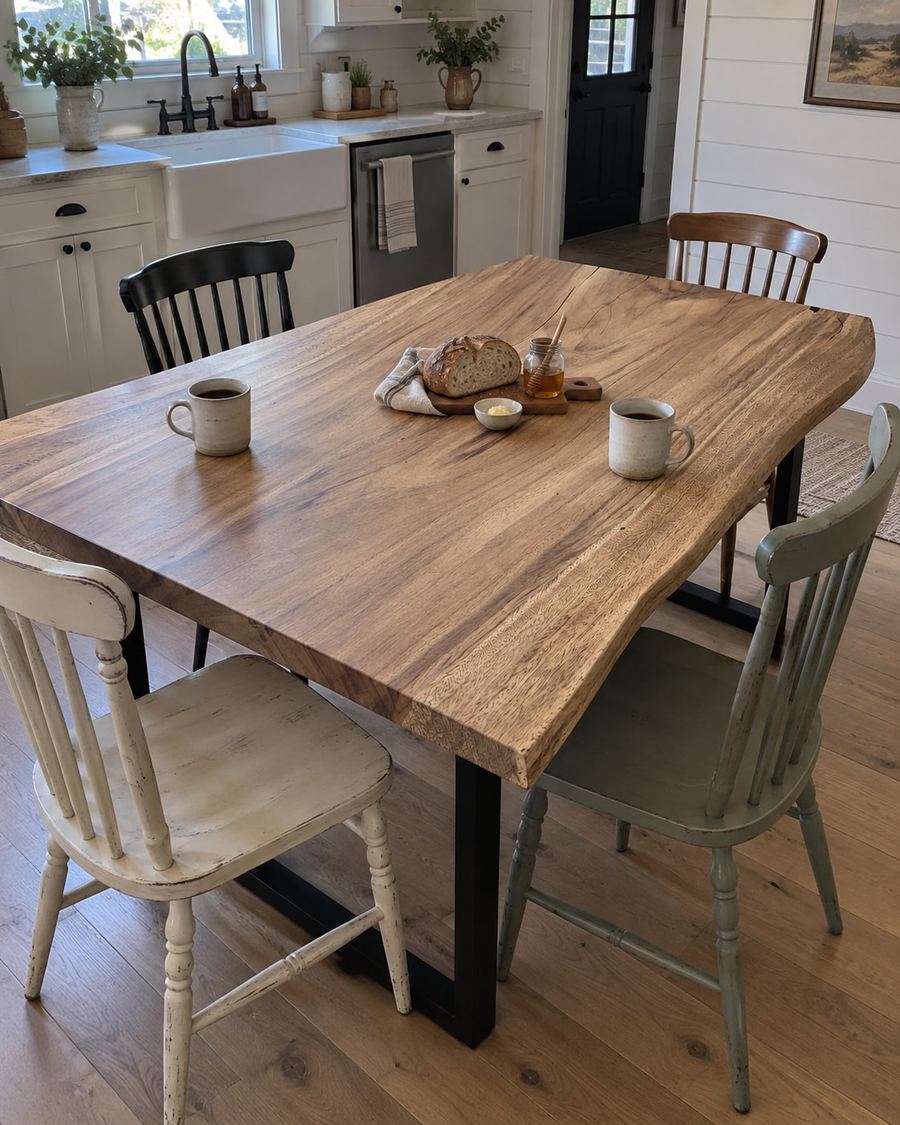Rendering of the Aquila Quinta slab as a dining table with Traditional Legs in a modern farmhouse home