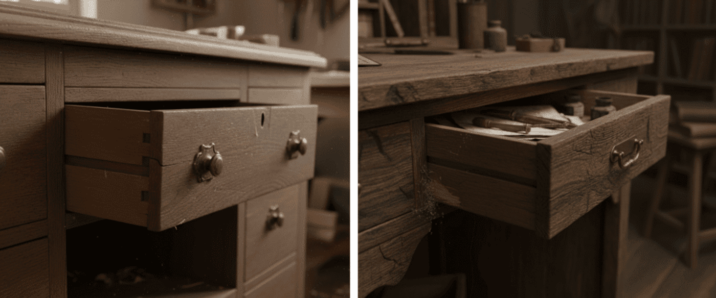 Open drawer on wooden workbench with brass knobs, visible dovetail joints and wood shavings in a sunlit workshop.