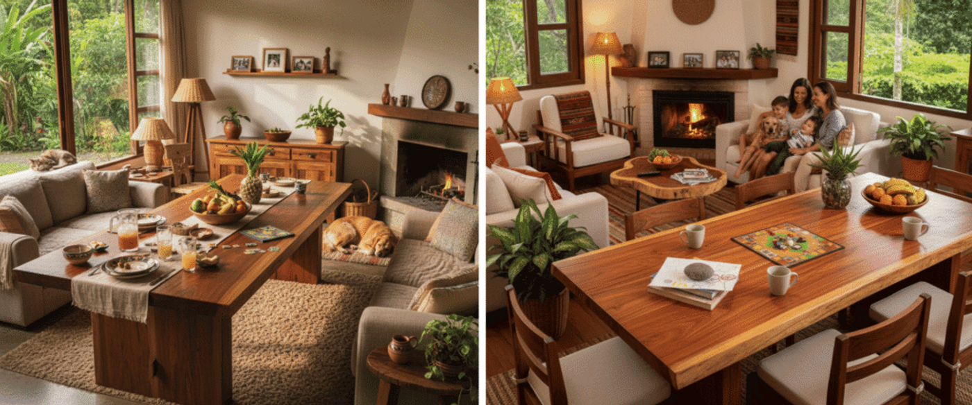 Cozy sunlit living room with wooden table, fresh fruit, breakfast glasses, plants, fireplace