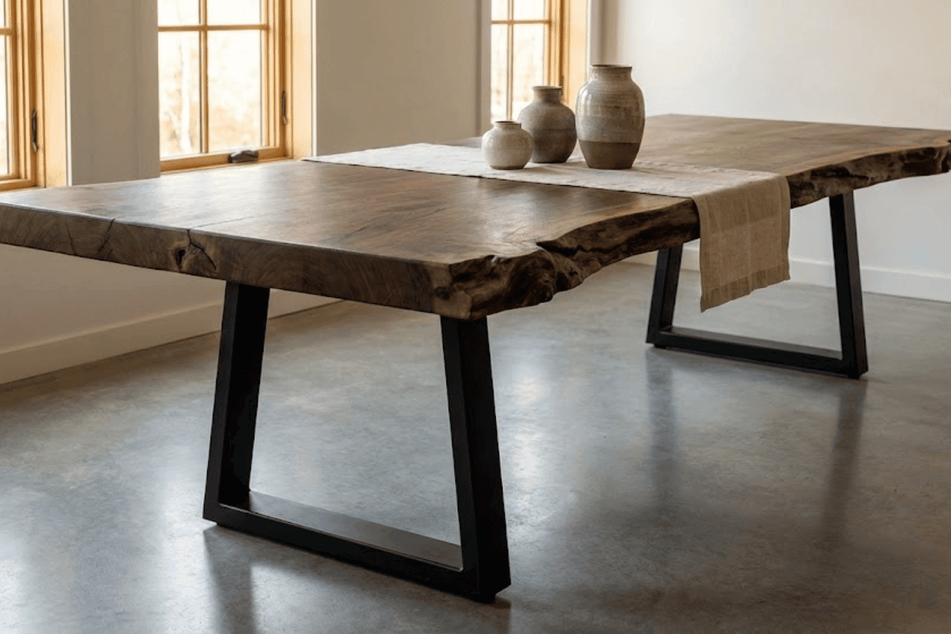 Live-edge wooden dining table with black metal legs, neutral runner and ceramic vases, sunlit room with large windows