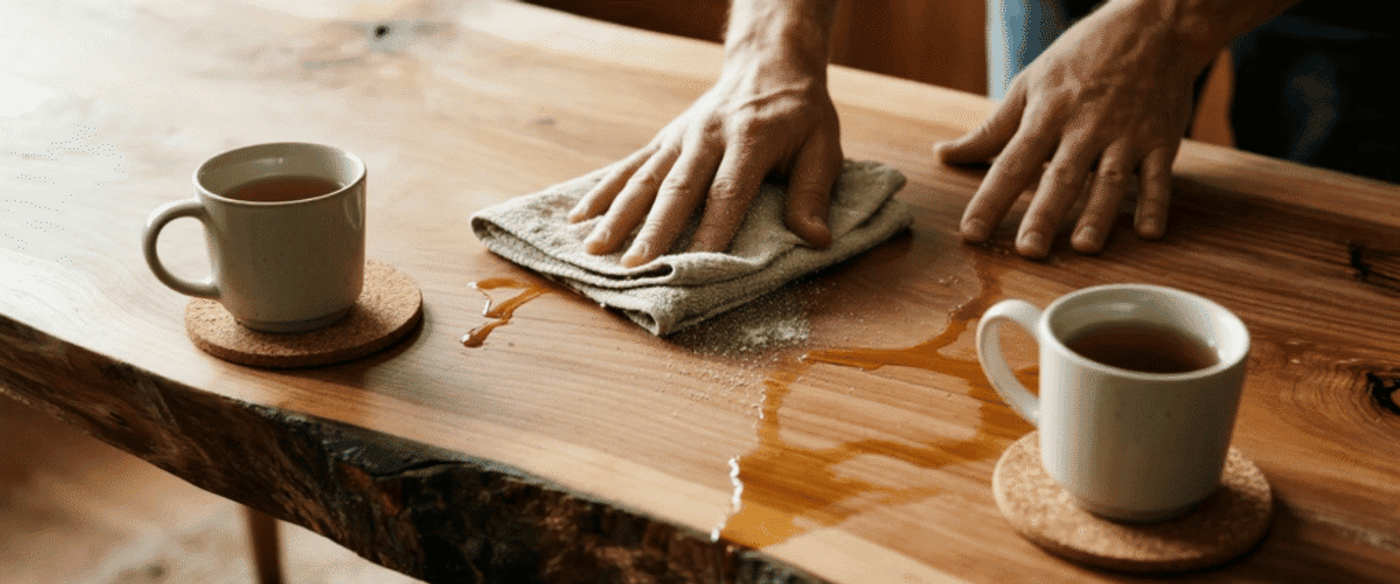 Hands wiping spilled tea from a live-edge wooden table beside two ceramic mugs on cork coasters.