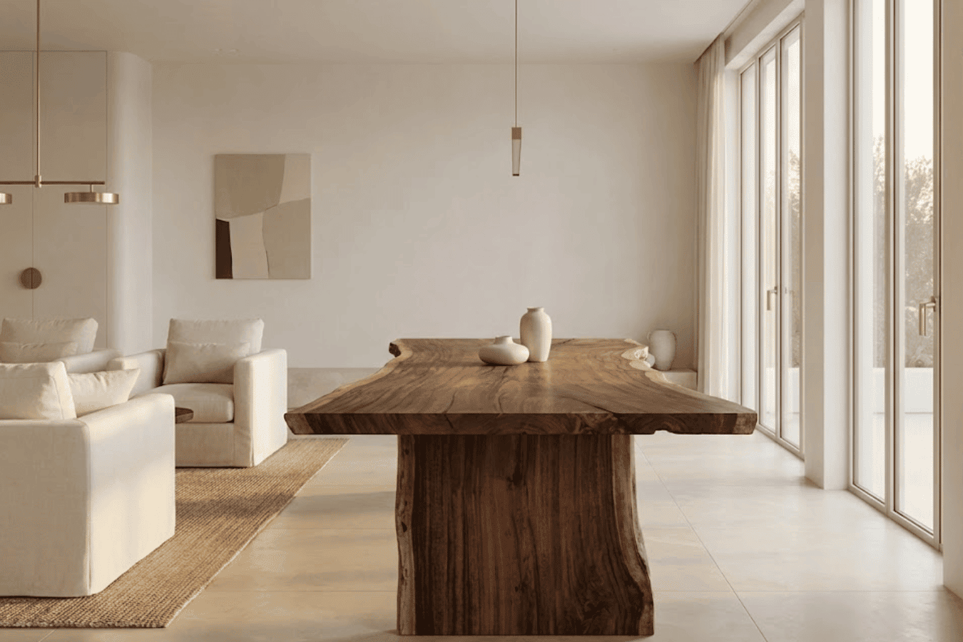 Minimal living room with a large live-edge wooden dining table centered between cream sofas and floor-to-ceiling windows