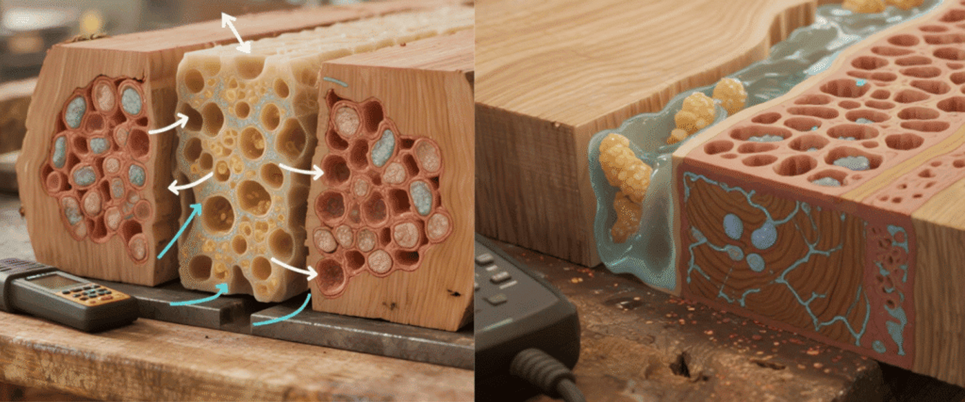 Cross‑section of a wooden log carved to show cellular pores, canals and vessels with tools on a workshop bench, labeled.