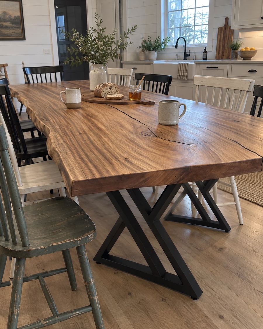 Rendering of the Renata Septima slab as a dining table with Double Y Legs in a modern farmhouse home