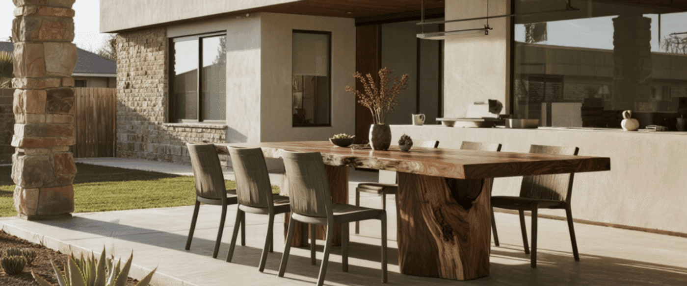 Outdoor dining patio with a live-edge wood table, six chairs, succulents, stone column, and modern home backdrop, warm sunlight.