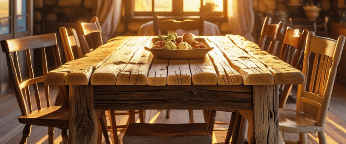 Rustic wooden dining table with chairs, bathed in warm sunlight, featuring a centerpiece bowl of fruit in a cozy room.