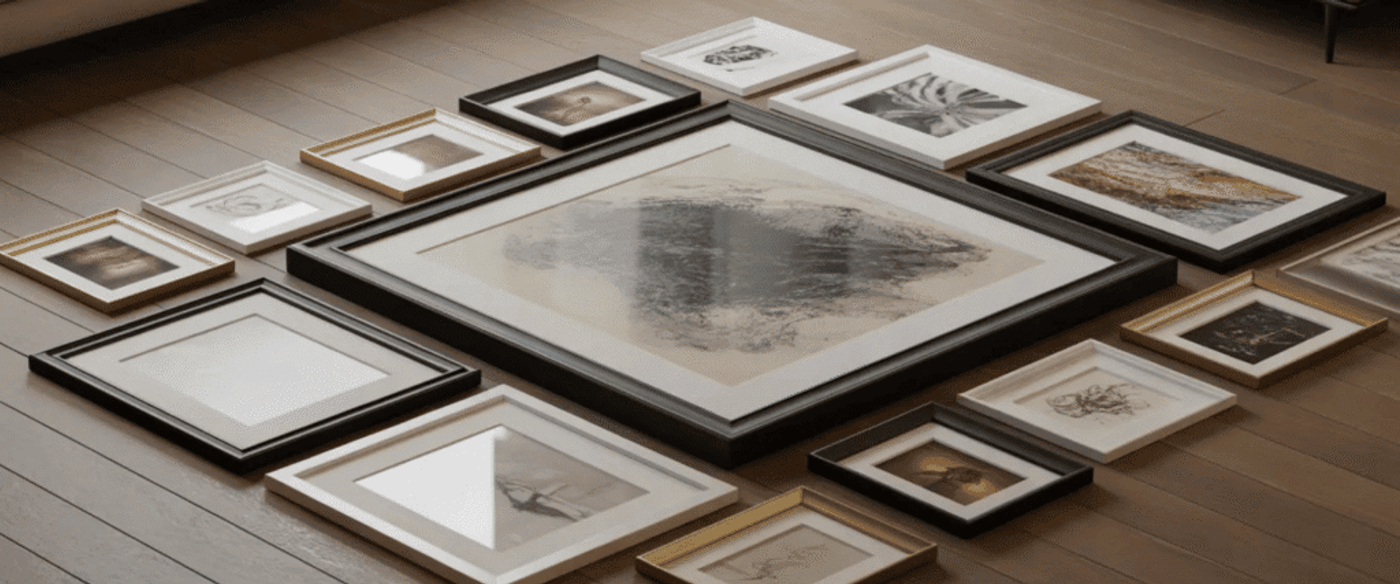 Multiple framed artworks laid out on a wooden floor in various black, white, and gold frames, ready for wall arrangement