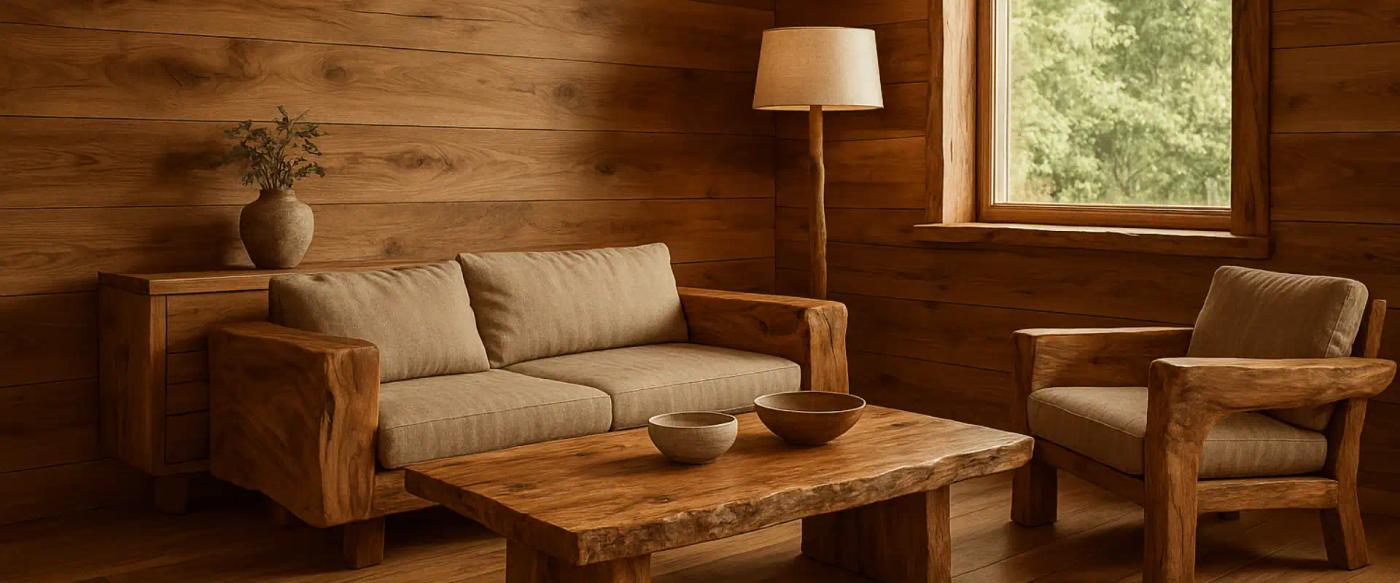 Cozy-wooden-living-room-with-beige-sofa-armchair-live-edge-coffee-table-and-window-overlooking-green-trees