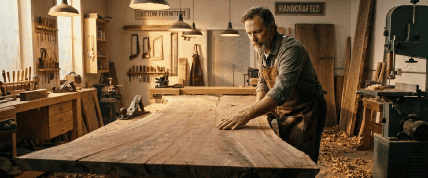 Woodworker in a sunlit workshop smoothing a live-edge slab on a large workbench surrounded by tools and wood shavings