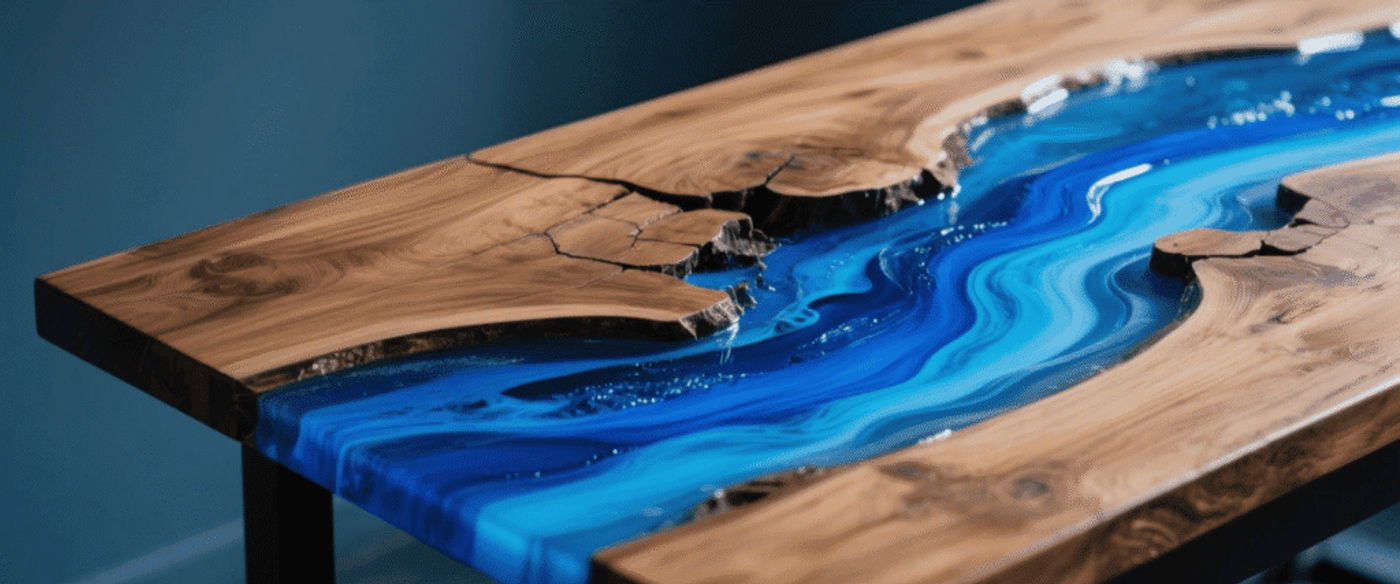 Live-edge walnut table with vibrant blue resin river flowing through natural wood cracks