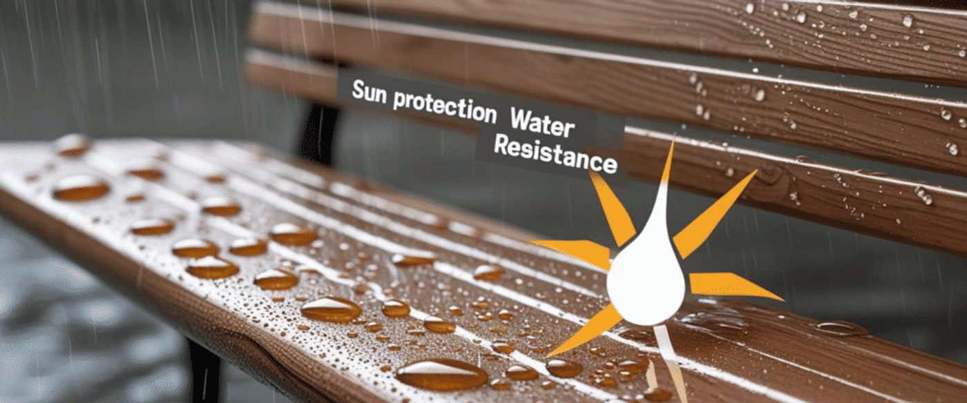 Water-resistant wood with sun protection, shown by water droplets on a wooden surface resisting rain.