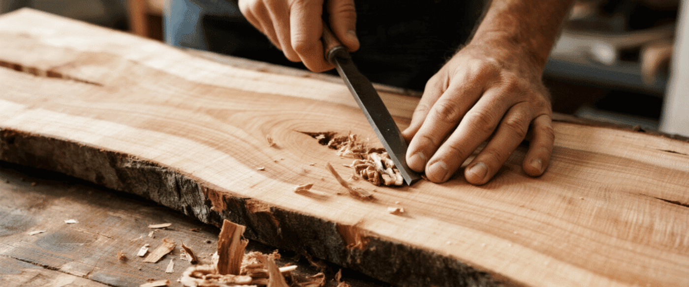 loose bark from the live edge of a walnut slab