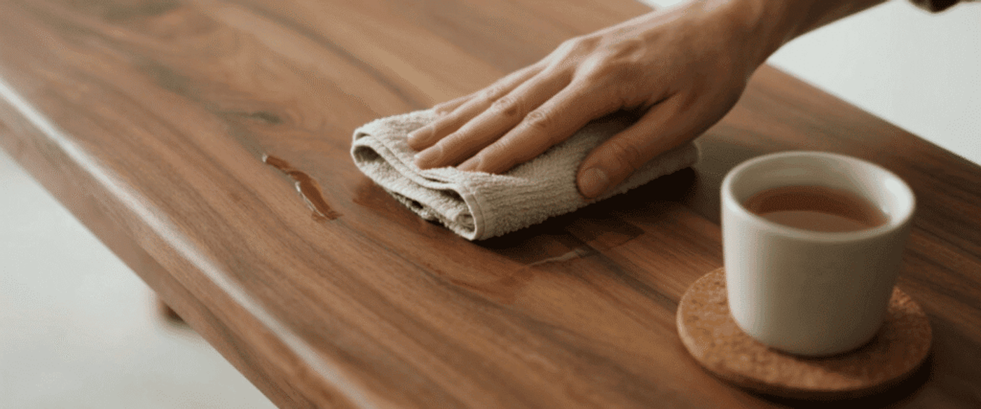 Hand wiping a wooden table to remove a tea spill beside a ceramic cup on a cork coaster.