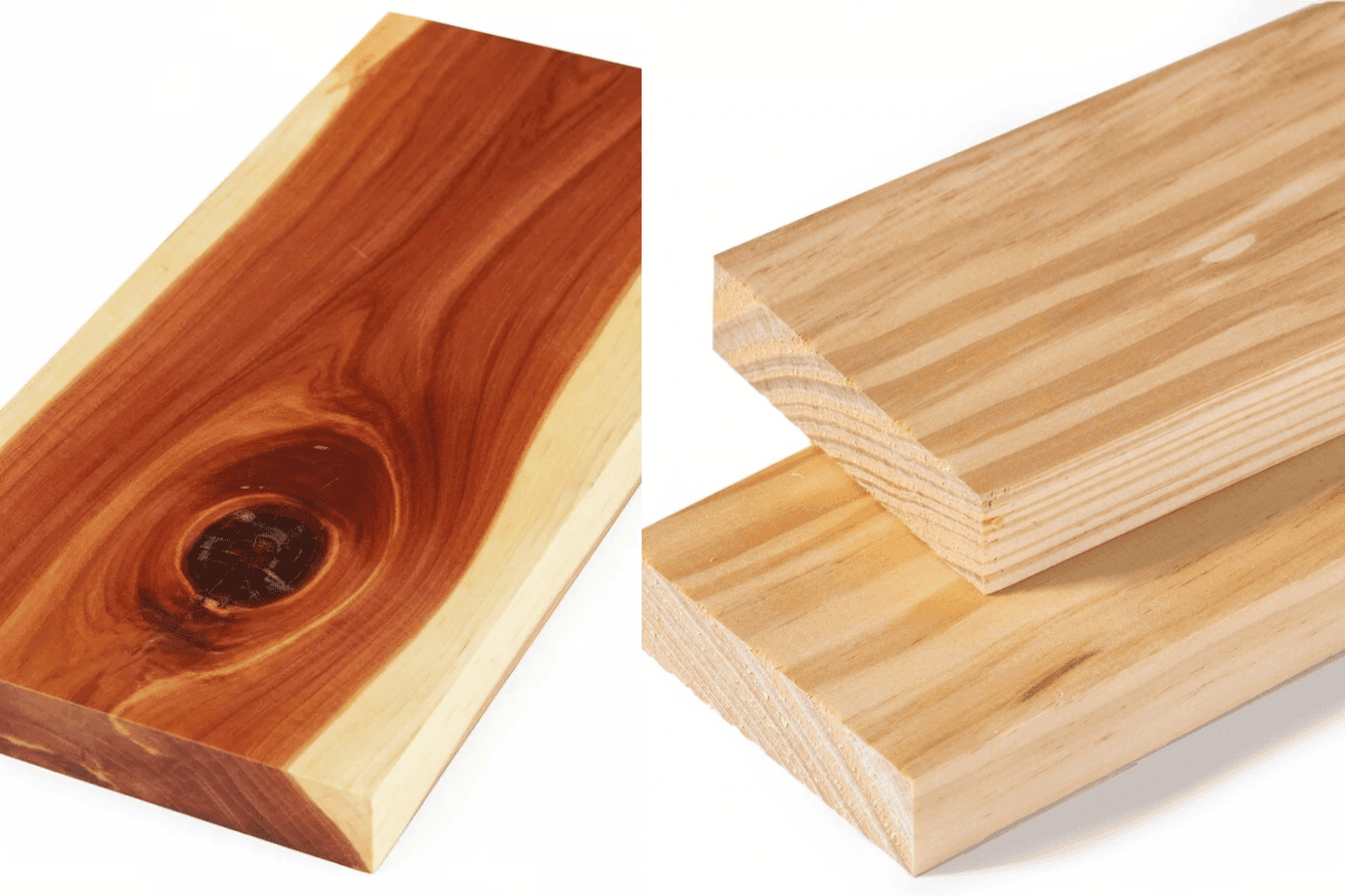 Cedar wooden planks with horizontal grain, warm reddish-brown tones on left and lighter natural cedar on right, knotty texture