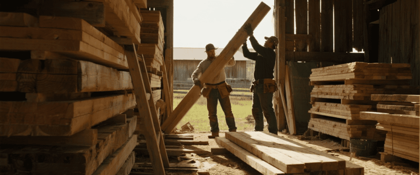 Two carpenters lifting a large timber beam inside a sunlit lumber barn, stacks of planks nearby, tools on their belts.
