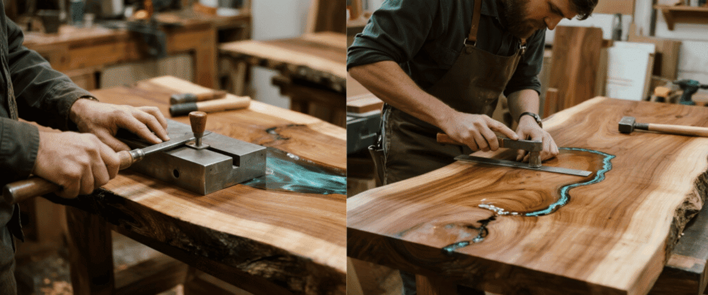 Crafting a live-edge wooden tabletop with a turquoise resin inlay, artisan chiseling and smoothing the surface in a workshop.