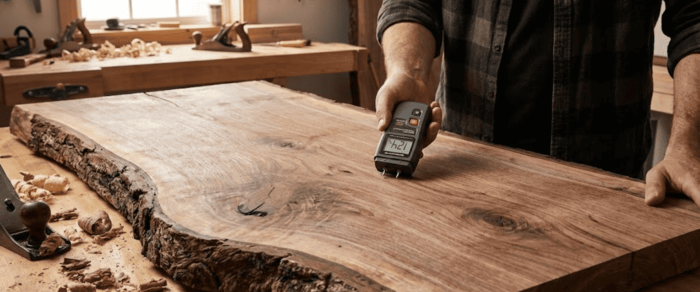 Woodworker measures moisture in a live-edge walnut slab on a bench surrounded by hand planes and wood shavings