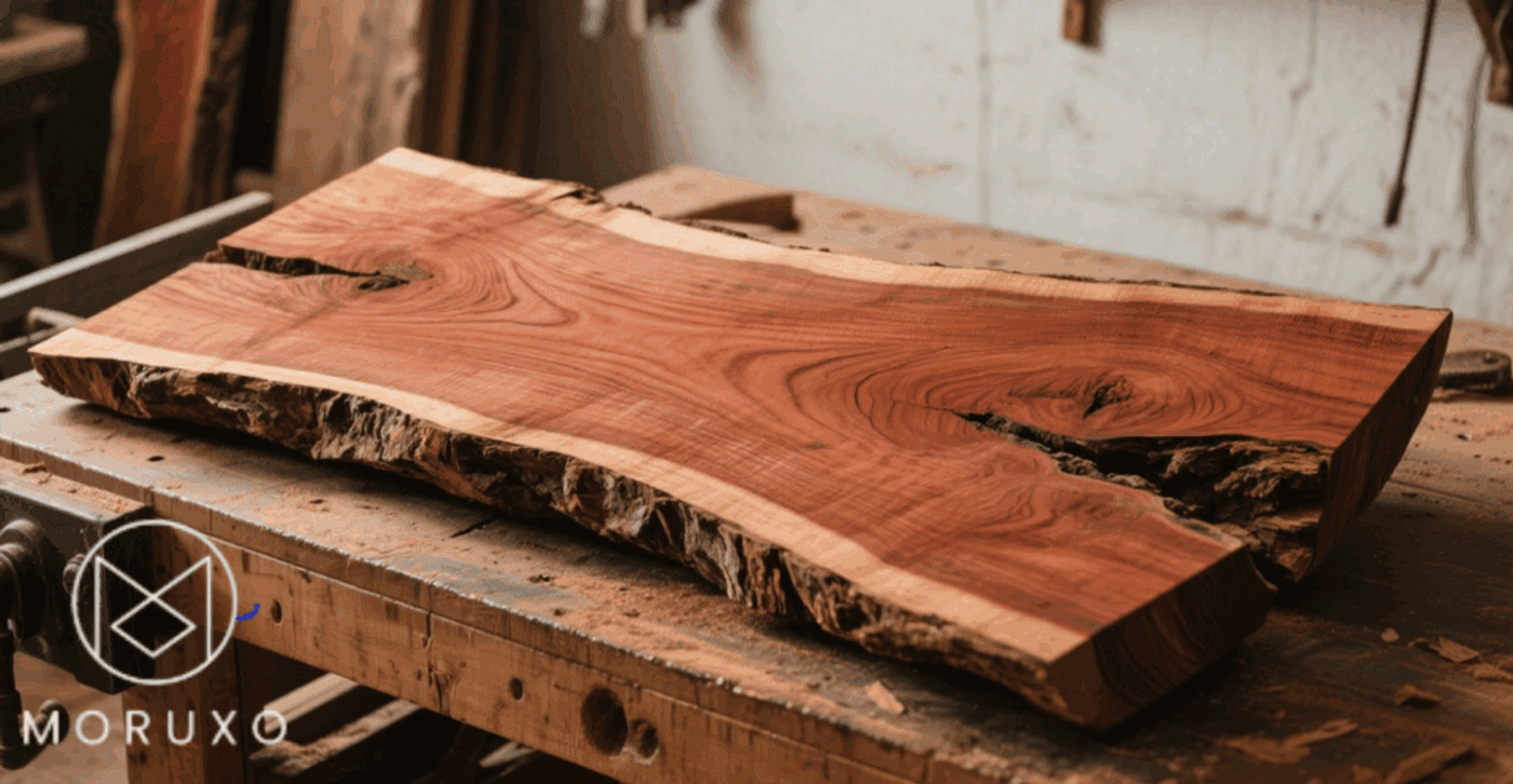 Live edge wood slab on a workbench, showing natural grain and bark edges, ready for woodworking or furniture making.