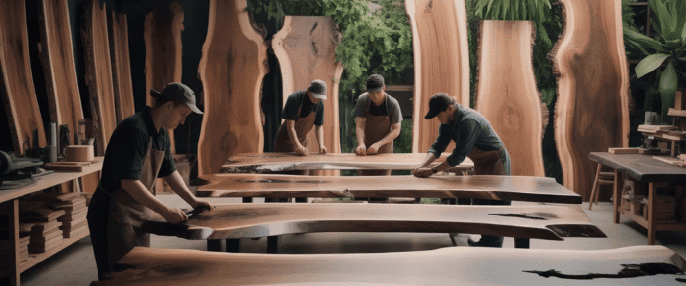 Four craftsmen sanding and finishing large live-edge wooden slabs in a bright workshop surrounded by standing slab panels and plants.