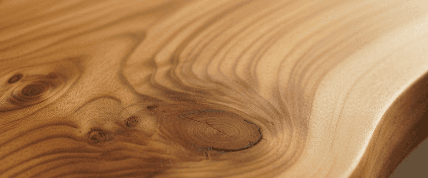 Polished live-edge wood tabletop with swirling grain patterns and natural knots, warm honey tones and smooth rounded edge.