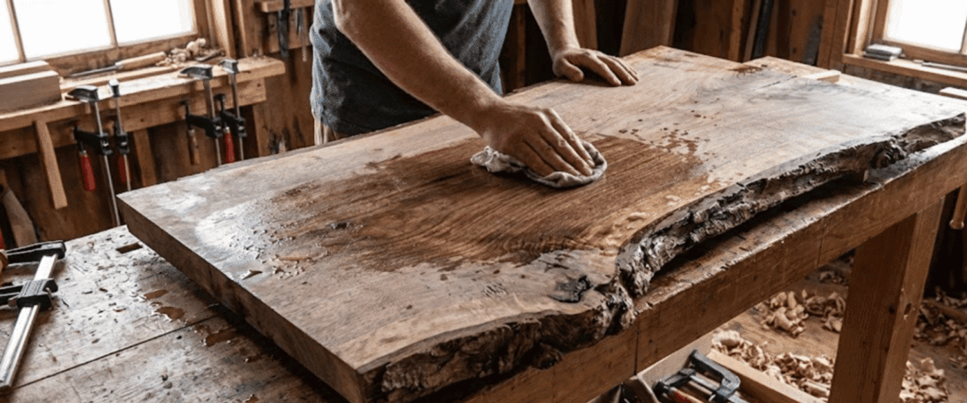 Woodworker rubbing oil into a live-edge walnut slab on a workbench in a sunlit workshop with clamps and shavings