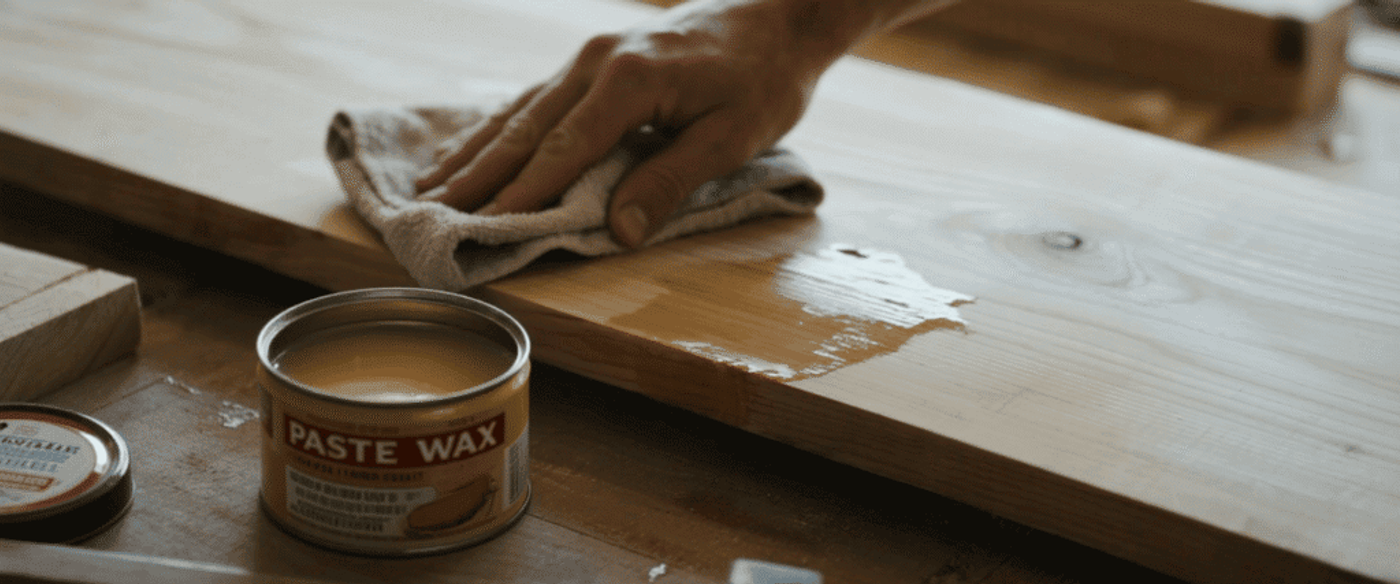 Hand rubbing paste wax onto a wooden board with a cloth, can of paste wax and woodworking tools on a workbench nearby.