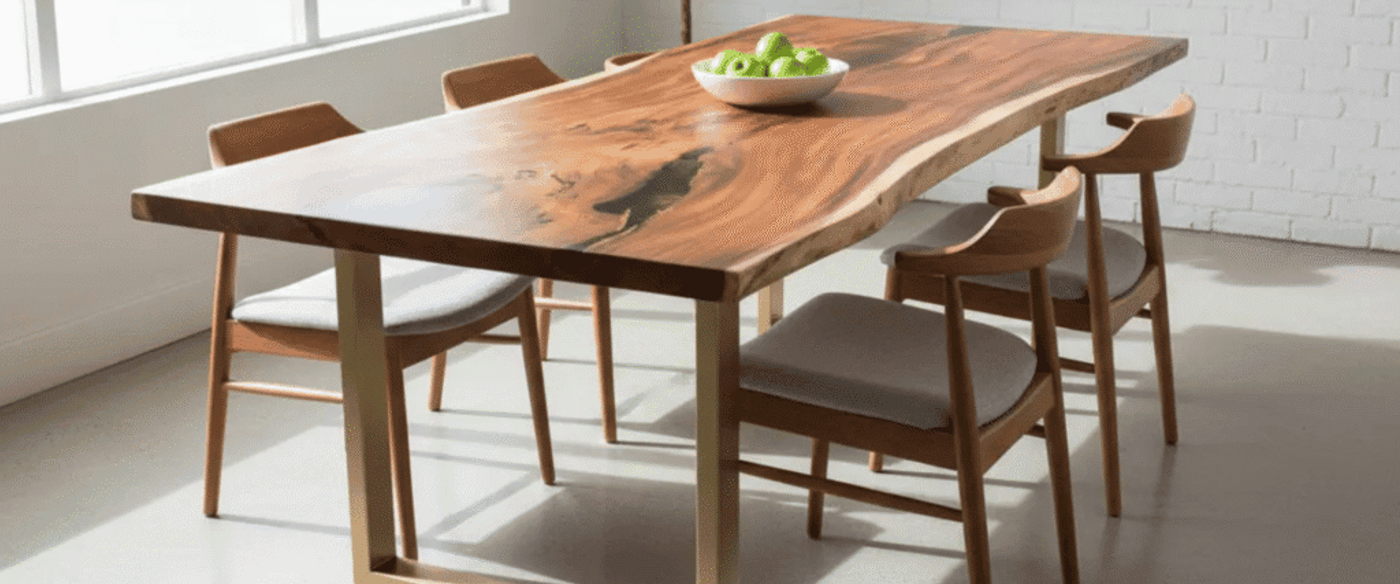 Live-edge walnut dining table with gold metal legs, four mid-century chairs, bowl